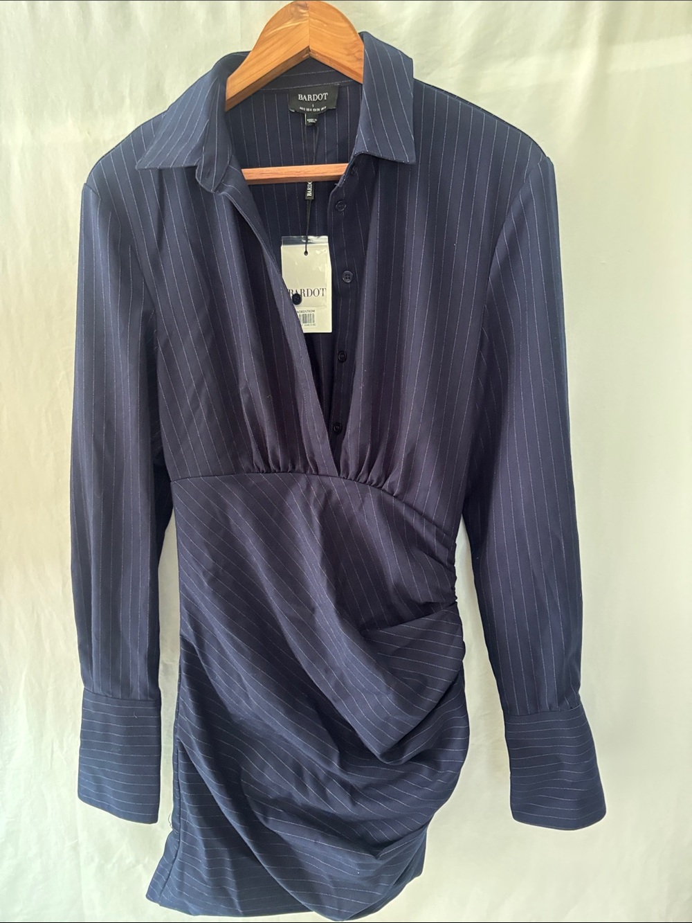 Bardot Navy Pinstripe Draped Button-Down Shirt Dress Size S NWTs. Bardot
